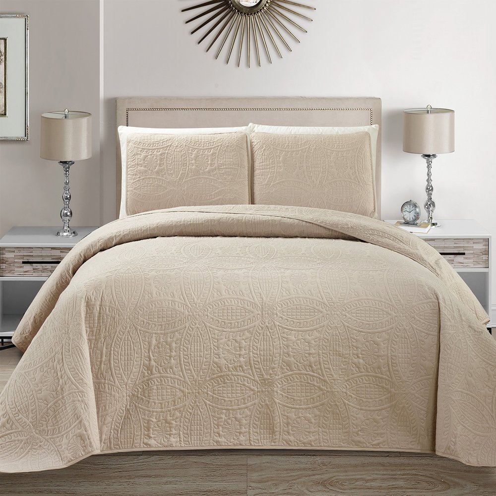 Mk Collection 3pc King/California King Solid Embossed Bedspread Bed Cover Over Size Beige/Khaki New