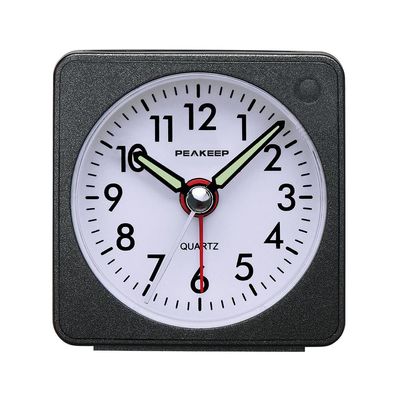Peakeep Ultra Small, Battery Travel Alarm Clock with Snooze and Light, Silent with No Ticking Analog Quartz (Black)