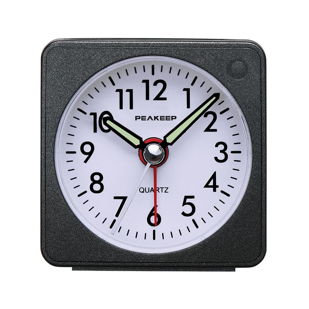 Peakeep Ultra Small, Battery Travel Alarm Clock with Snooze and Light, Silent with No Ticking Analog Quartz (Black)
