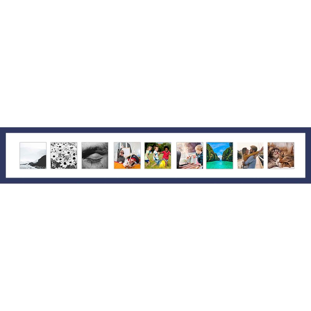 CountryArtHouse Blue Collage Frame With Mat - 6x40 Solid Wood Frame For Nine 4" x 4" Photos - Blue Matted Instagram 4x4 Collage Photo Frame with Mat with Multi Opening Picture Matte
