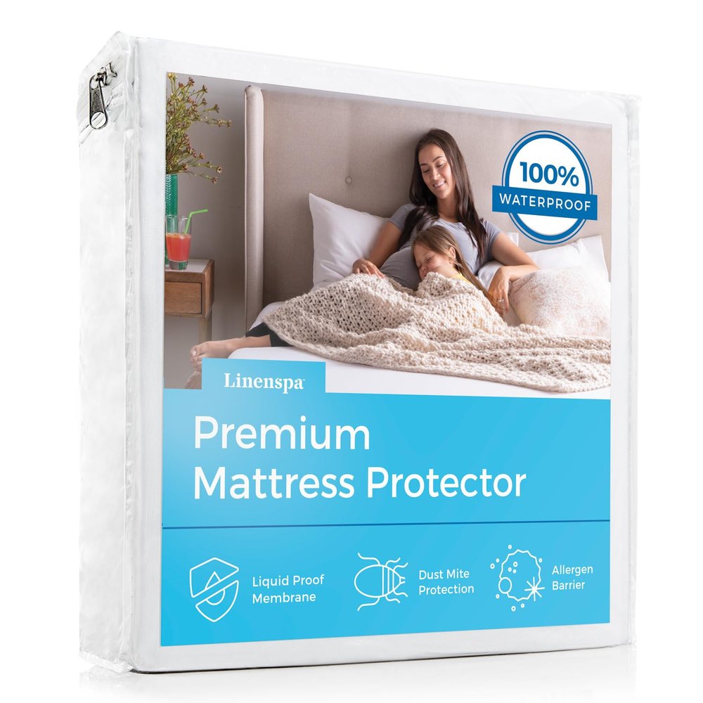 Linenspa Waterproof Mattress Protector, Queen Size Fitted Sheet Style, Breathable, Machine Washable & Dryer Safe, White