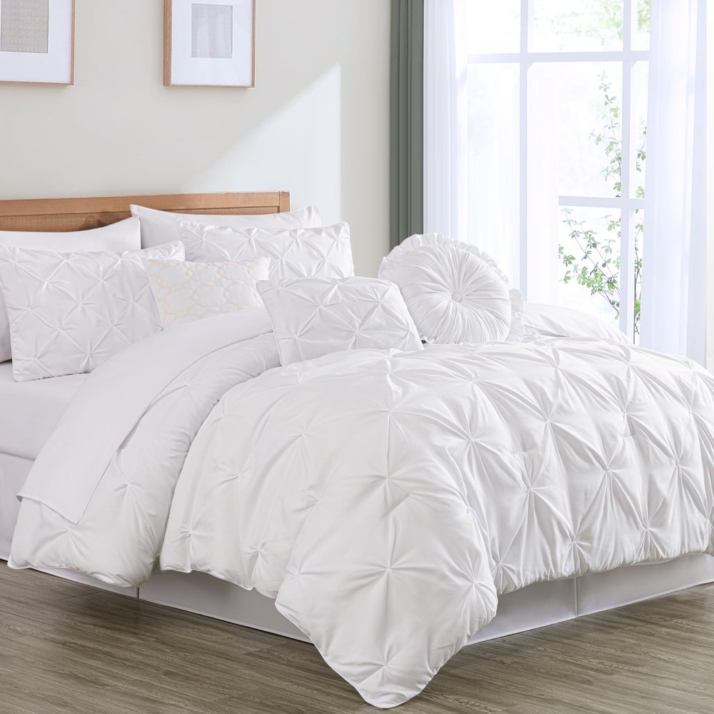 Chezmoi Collection Sydney California King Size Comforter Set - 7-Piece Pintuck Bedding - White, Elegant Lightweight Pinch Pleat Comforter with Decorative Pillows Bed Set for All Season