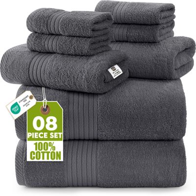 Utopia Towels 8 Piece Premium Towel Set, 2 Bath, 2 Hand, and 4 Washcloths, 100% Ring Spun Cotton, Highly Absorbent Towels for Bathroom, Sports, and Hotel, Grey