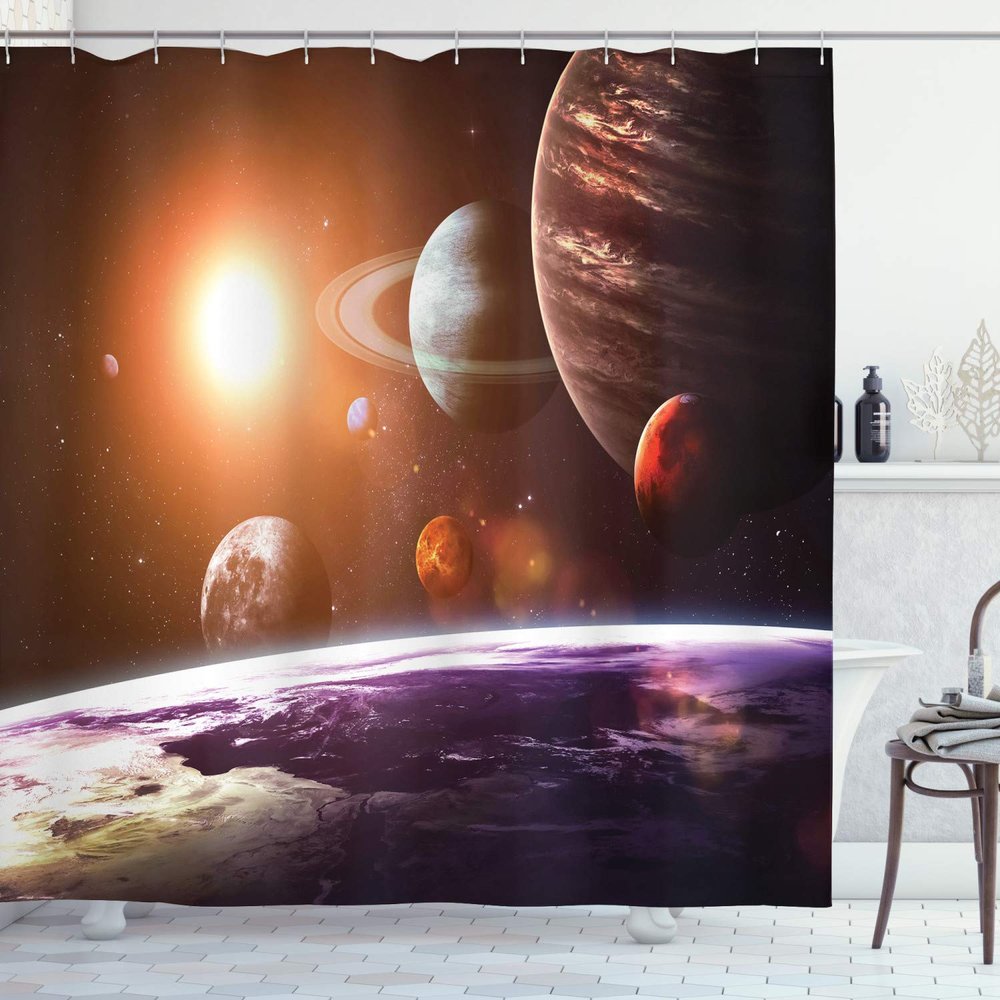 Ambesonne Galaxy Shower Curtain, Space Theme View of The Planets from Earth Science Room Art with Sun and Moon, Cloth Fabric Bathroom Decor Set with Hooks, 69" W x 70" L, Magenta Orange