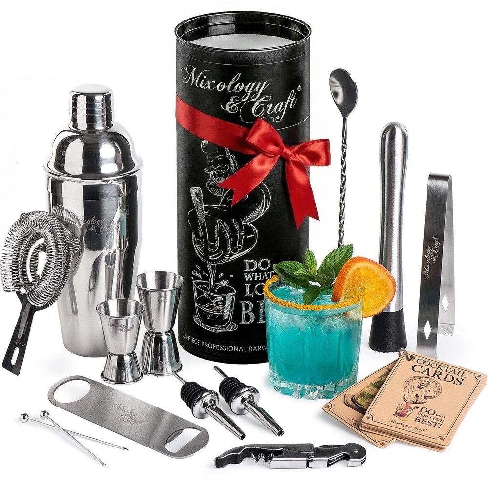 Mixology & Craft 16-Piece Stainless Steel Cocktail Shaker Set, 24 oz Cobbler Martini Shaker, Mixology Bartender Kit with Strainer, Travel Cocktail Kit in Gift-Ready Tube, Bartending Bar Kit Tools