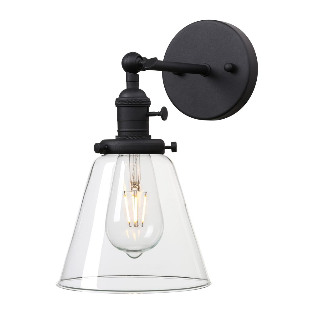 PERMO Industrial Black Wall Sconce with On/Off Switch and Funnel Flared Clear Glass Shade for Living Room Bathroom Bedroom