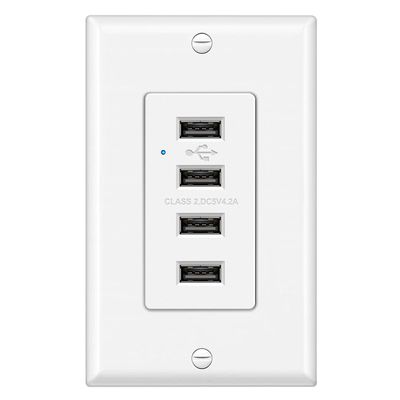 BESTTEN USB Receptacle Outlet, 4.2A/21W High-Speed 4 Port USB Wall Charging Outlet 125VAC Input, Quad Type-A Ports with LED Indicator, Decorator Wallplate Included, UL Listed, White