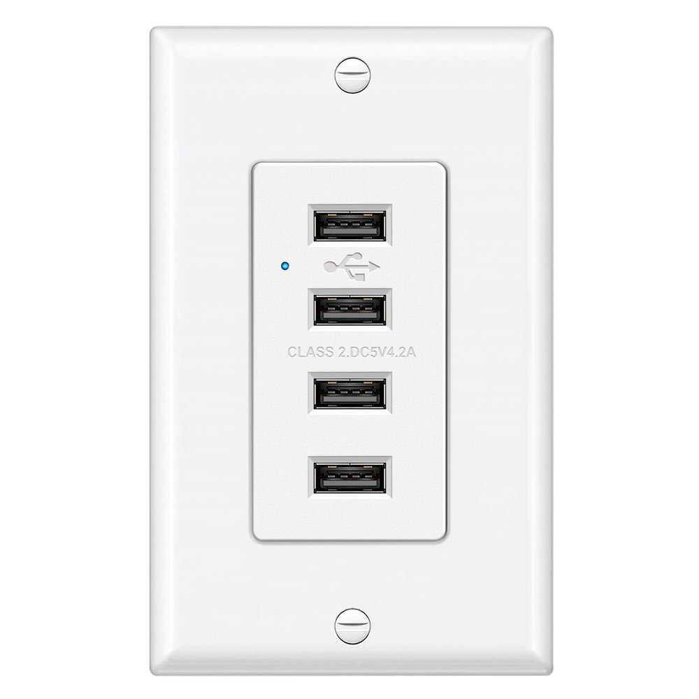 BESTTEN USB Receptacle Outlet, 4.2A/21W High-Speed 4 Port USB Wall Charging Outlet 125VAC Input, Quad Type-A Ports with LED Indicator, Decorator Wallplate Included, UL Listed, White