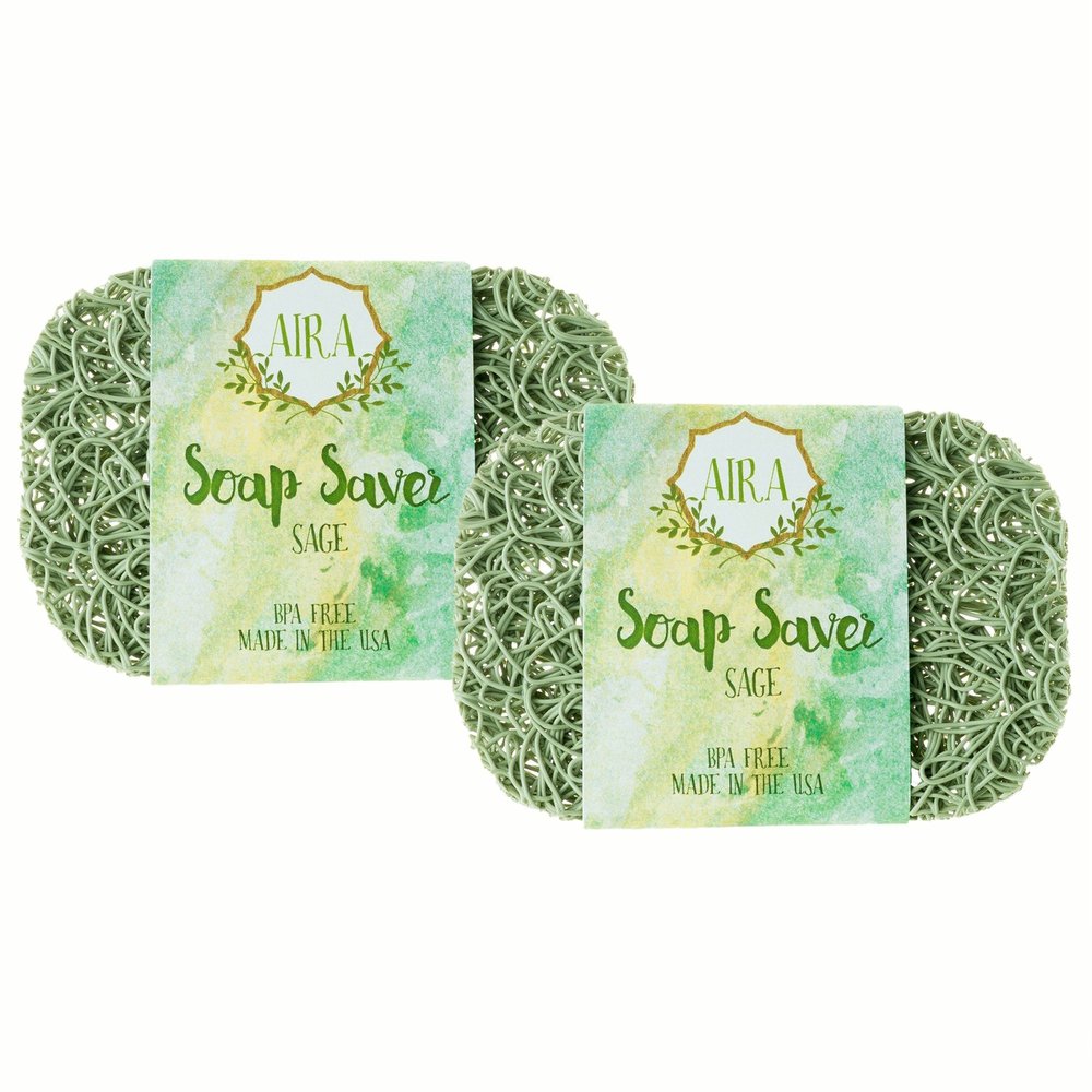 Aira Soap Saver - Dish & Holder Accessory - BPA Free Shower & Bath Holder - Drains Water, Circulates Air, Extends Life - Easy to Clean, Fits All Dish Sets - Sage Double Pack