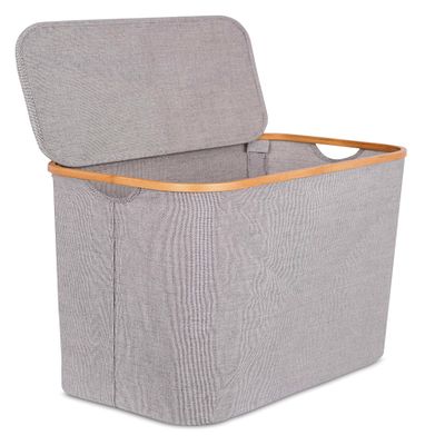 BirdRock Home Bamboo & Canvas Hamper | Single Laundry Basket with Lid | Foldable Hamper | Cut Out Handles
