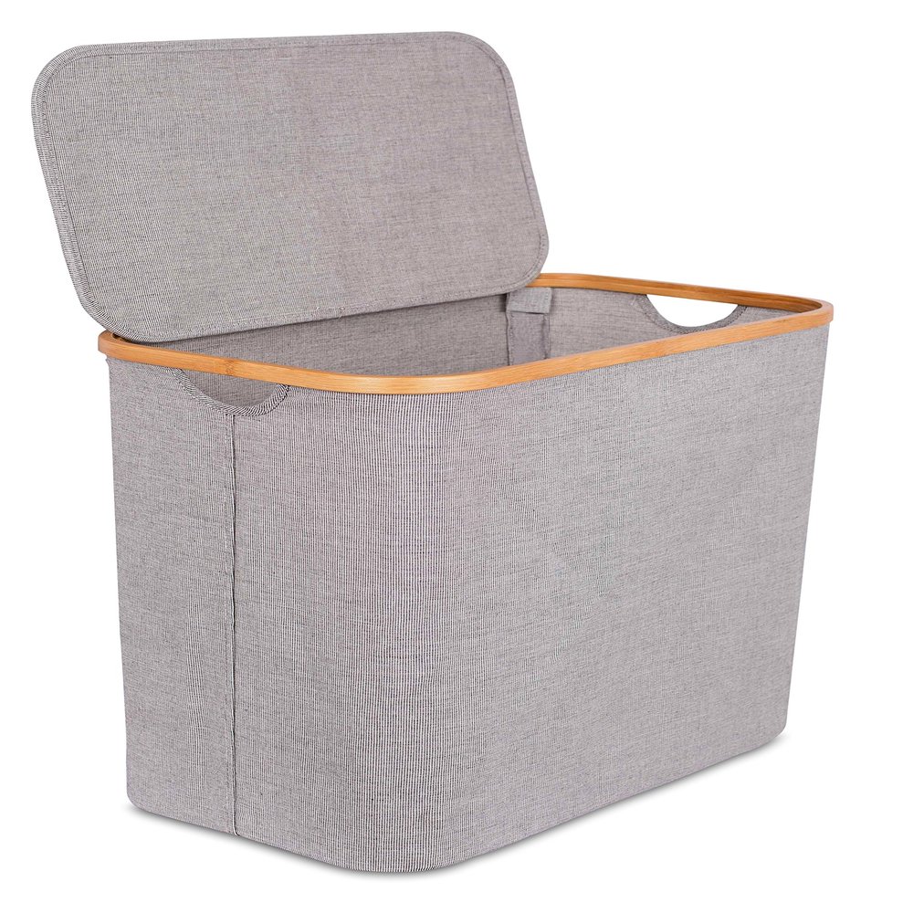 BirdRock Home Bamboo & Canvas Hamper | Single Laundry Basket with Lid | Foldable Hamper | Cut Out Handles