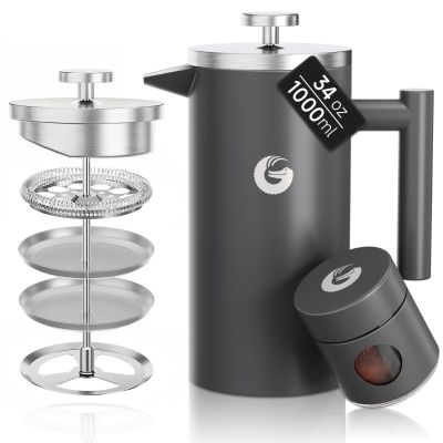 Coffee Gator 304 Grade Stainless Steel French Press Coffee Maker 34 oz, Double Wall Insulated Hot Cold Brew Teapot with 4-Level Filtration System, Include Travel Jar Canister, Rust-Free, Kitchen, Gray