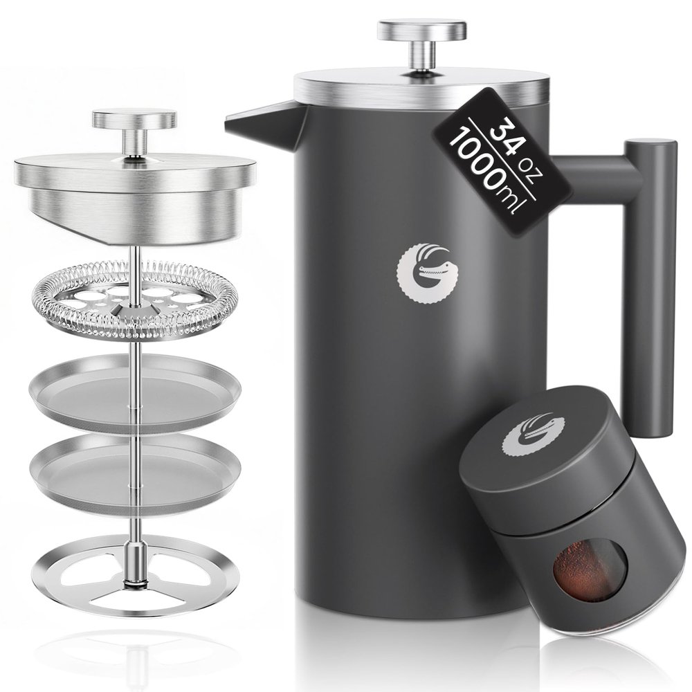 Coffee Gator 304 Grade Stainless Steel French Press Coffee Maker 34 oz, Double Wall Insulated Hot Cold Brew Teapot with 4-Level Filtration System, Include Travel Jar Canister, Rust-Free, Kitchen, Gray