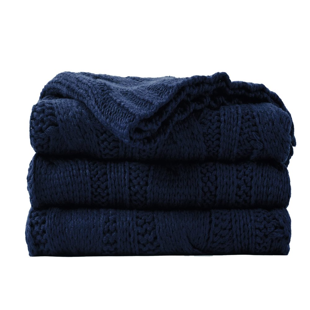 Battilo Navy Cable Knit Throw Blankets for Couch, Super Soft Warm Cozy Decorative Knitted Throw Blanket for Bed, Sofa, Chair 50"x60"