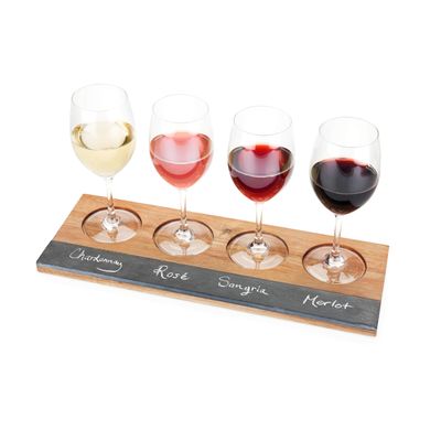 Twine Wine Flight Board with Slate Chalkboard & Acacia Wood Tray, Holds 4 Glasses, Includes Soapstone Chalk, Perfect for Wine Tasting Parties, Housewarming, Hosting Essentials