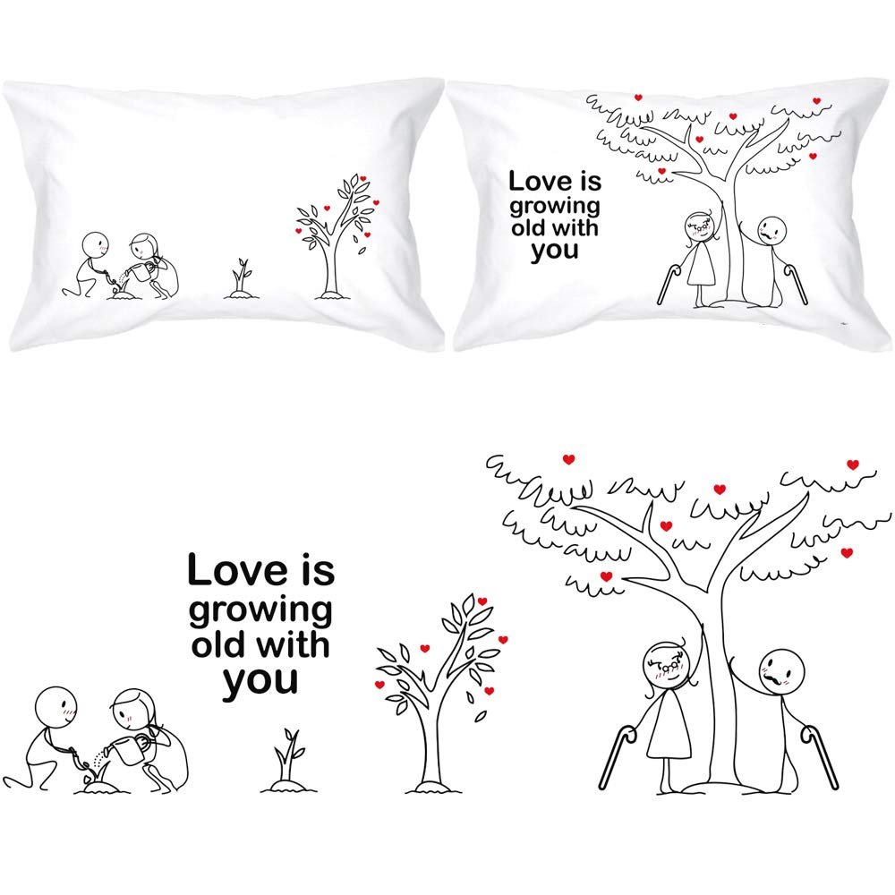 BoldLoft Grow Old with You Couple Pillowcases - Gifts for Couples, 2 Year Anniversary, Engagement, Wedding, Dating, Romantic Gifts for Him, Her, Boyfriend, Girlfriend, Wife, Husband