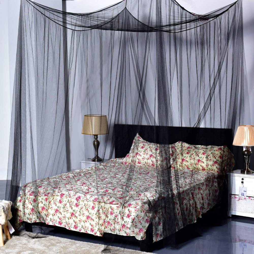 Goplus Mosquito Net, 4 Corner Post Bed Canopy, Quick and Easy Installation for King Size Beds Large Queen Size Bed Curtain (Black)
