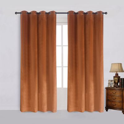 Cherry Home Super Soft Rustic Velvet Pumpkin Orange Blackout Drapes Room Darkening Curtains Panel Grommet Drapery 52 by 120-Inch Caramel Cafe(2 Panels) with Matching Tiebacks