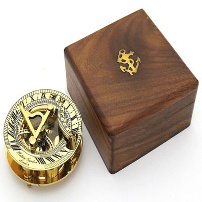 THOR INSTRUMENTS Solid Brass Sundial and Compass in Hardwood Box - Polished Brass Sundial Compass Rustic Vintage Home Decor Gifts