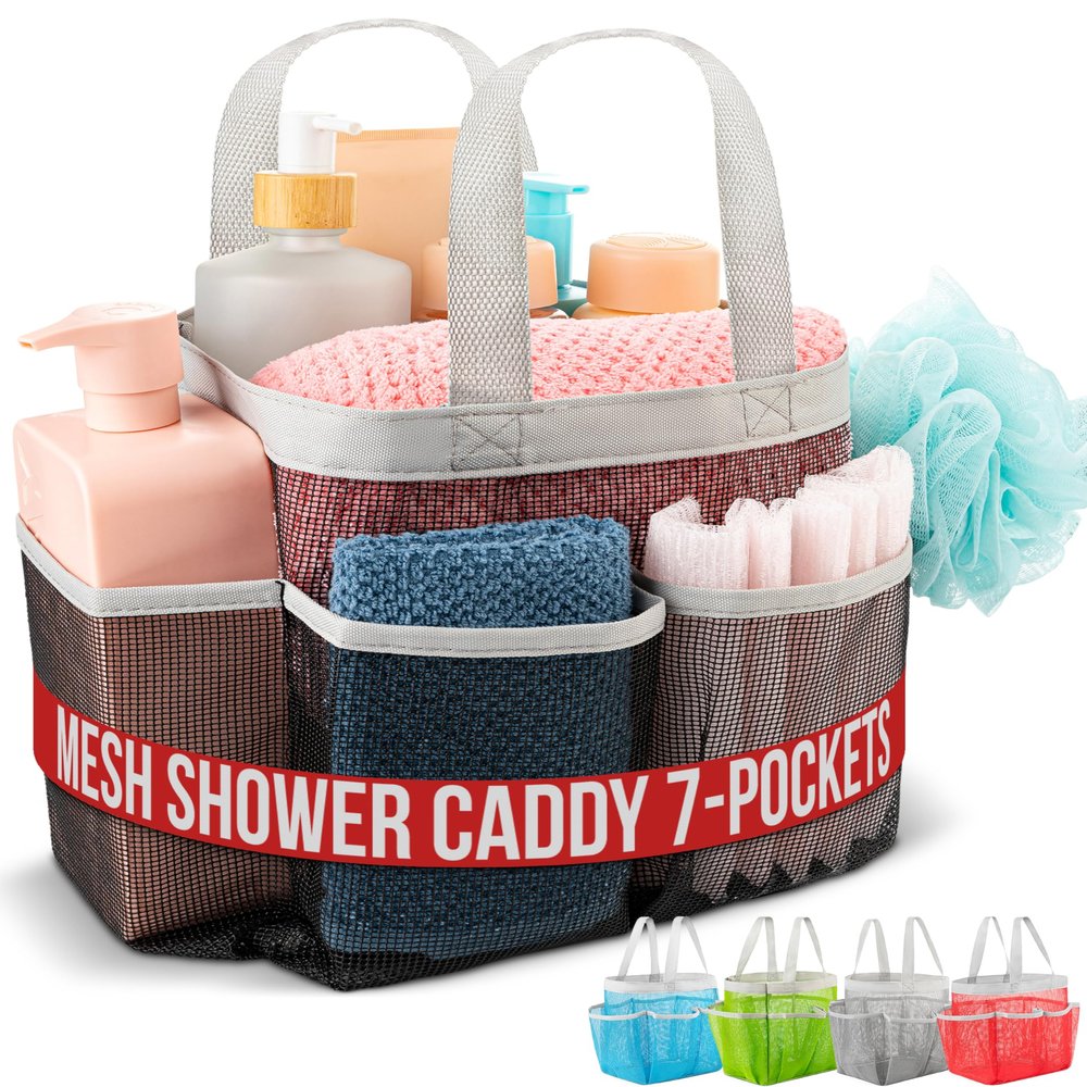 Handy Laundry Mesh Shower Caddy - 7 Pocket Portable Bathroom Organizer Tote for Travel, Gym & Dorm - Collapsible Small Shower Caddy Bag to Hold Toiletries & Essentials (Black)