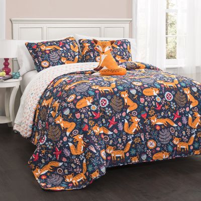 Lush Decor Pixie Fox Reversible Quilt Set, 4 Piece Set, Full/ Queen, Navy & Orange - Bedding Sets For Girls - Whimsical Quilt For Kids & Toddlers - Floral & Heart Print - Woodland Bedroom Decor
