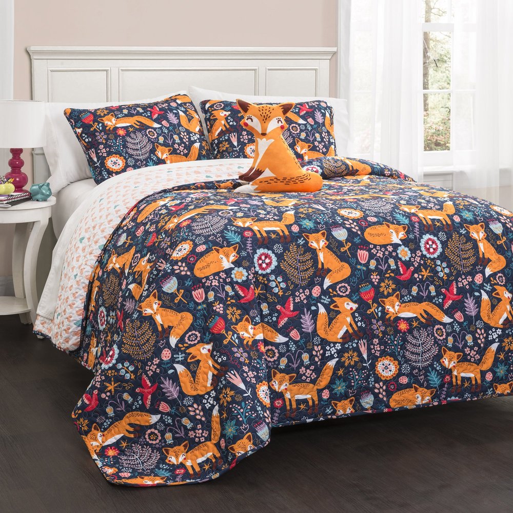 Lush Decor Pixie Fox Reversible Quilt Set, 4 Piece Set, Full/ Queen, Navy & Orange - Bedding Sets For Girls - Whimsical Quilt For Kids & Toddlers - Floral & Heart Print - Woodland Bedroom Decor