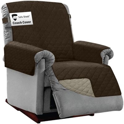 Sofa Shield Recliner Slip Cover with Patented Strap, Cushion Protector, US Designed Reversible Stain and Dog Tear Resistant Slipcover, 28 inch Seat, Washable Covers for Dogs Pets, Chocolate Beige