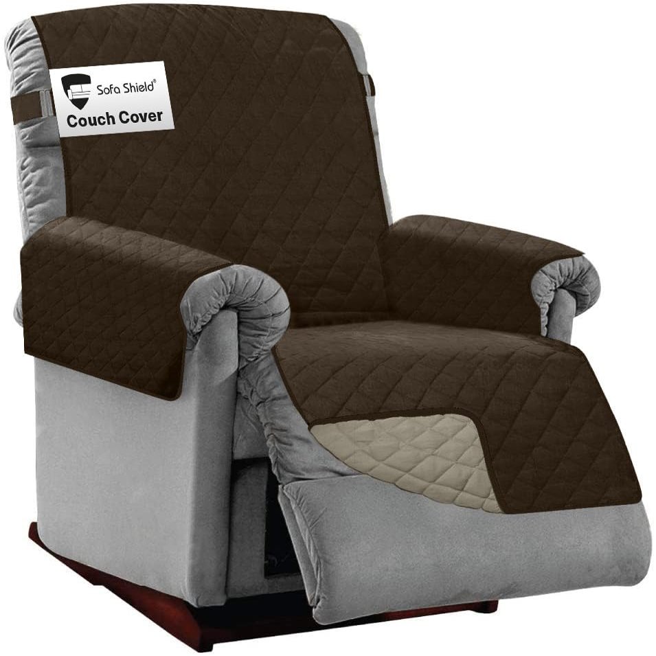 Sofa Shield Recliner Slip Cover with Patented Strap, Cushion Protector, US Designed Reversible Stain and Dog Tear Resistant Slipcover, 28 inch Seat, Washable Covers for Dogs Pets, Chocolate Beige
