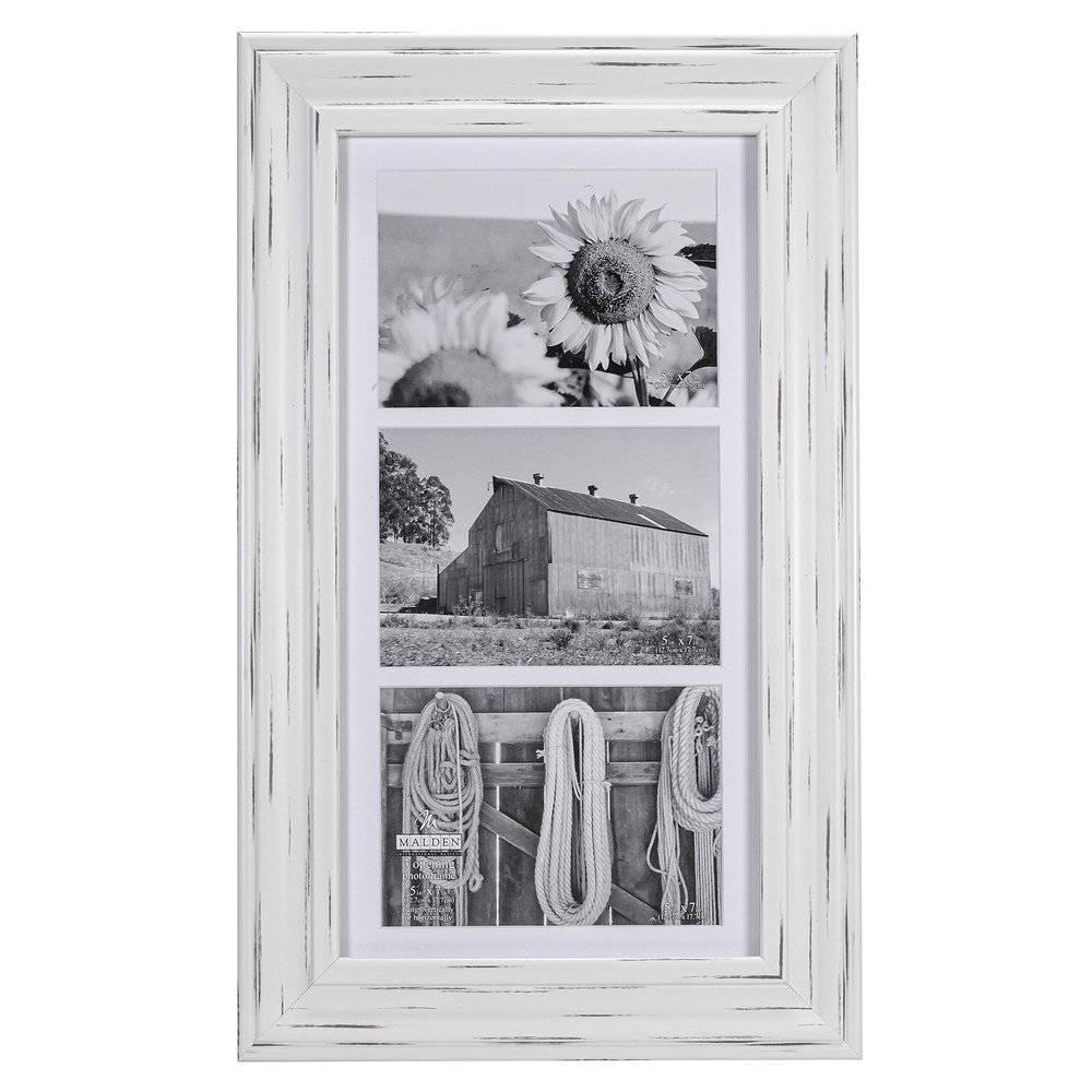 Malden International Designs Whitman White Wash Matted 3 Opening Collage Wood Picture Frame, 5 by 7-Inch