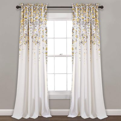 Lush Decor Weeping Flower Light Filtering Window Curtain Panels, Pair, 52"W x 84"L + 2" Header, Yellow & Gray - Charming Modern Floral Curtains for Living Room, Dining Room, & Bedroom