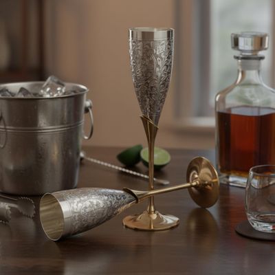 StonKraft Engraved Brass Goblet Champagne Glasses Flutes Coupes Wine Glass Set (Slender) - Silver Polished
