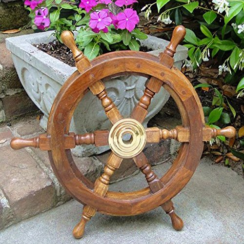 24" Teak Wood Ships Steering Wheel with Brass Center