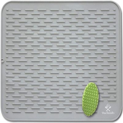 Silicone Dish Drying Mat & Scrubber XXL 21" x18 " | Gray Kitchen Dish Drainer Mats & Trivet | Food Safe Fast Draining Pad for Dishes (Gray, XXL)