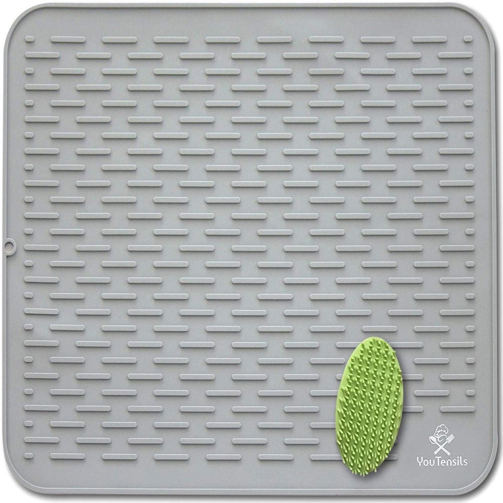 Silicone Dish Drying Mat & Scrubber XXL 21" x18 " | Gray Kitchen Dish Drainer Mats & Trivet | Food Safe Fast Draining Pad for Dishes (Gray, XXL)