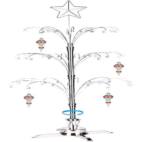 HOHIYA 47 Rotating Ornament Display Tree 60 Hook Heavy-Duty Metal Ornament Stand Elegant Chrome Silver Indoor Holiday Decor Christmas Tree Alternative Gift idea Taiwan Made