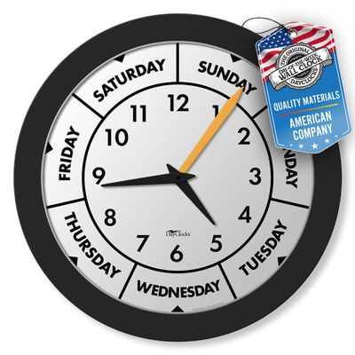 DayClocks Time & Day of The Week Wall Clock with 12 Modern Black Frame   Ideal Retirement Gift for Men and Women, Day Clock for Seniors and Retirees