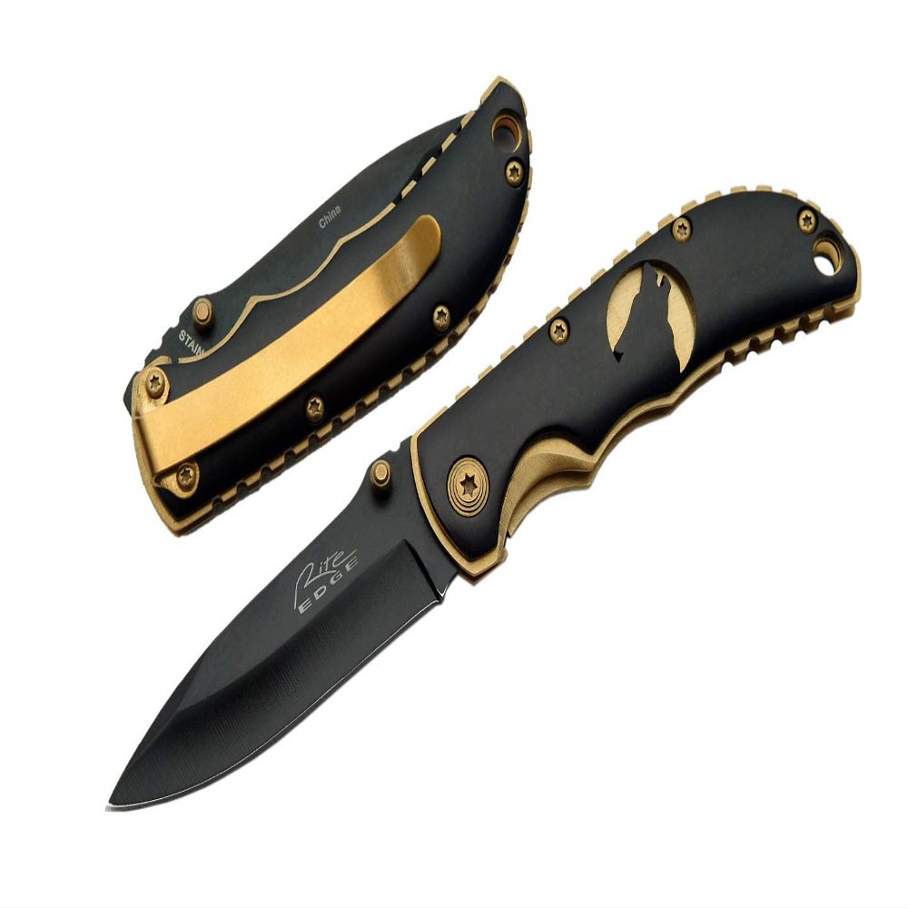 Rite Edge 3.5" Wolf Folding Knife with Black Stainless Steel Blade, Gold Pocket Clip, and Laser-Cut Wolf Design Handle