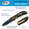 Rite Edge 3.5" Wolf Folding Knife with Black Stainless Steel Blade, Gold Pocket Clip, and Laser-Cut Wolf Design Handle view 2