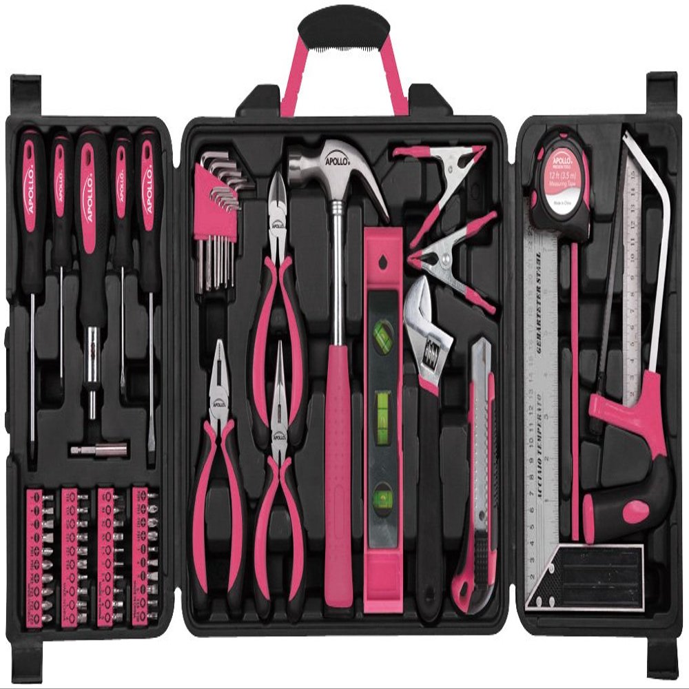 Apollo Tools 71 Piece Complete Household Tool Set with Clamp, Hacksaw, Carpenter Square, Screwdriver and Plier Sets for College, Home Repairs and DIY - Pink Ribbon - Pink - DT0204P