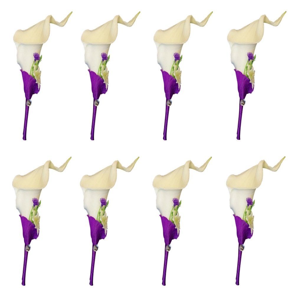 Angel Isabella Set of 8:Real Touch Quality Calla Lily Boutonniere-Purple,Natural White.(Artificial Flower)
