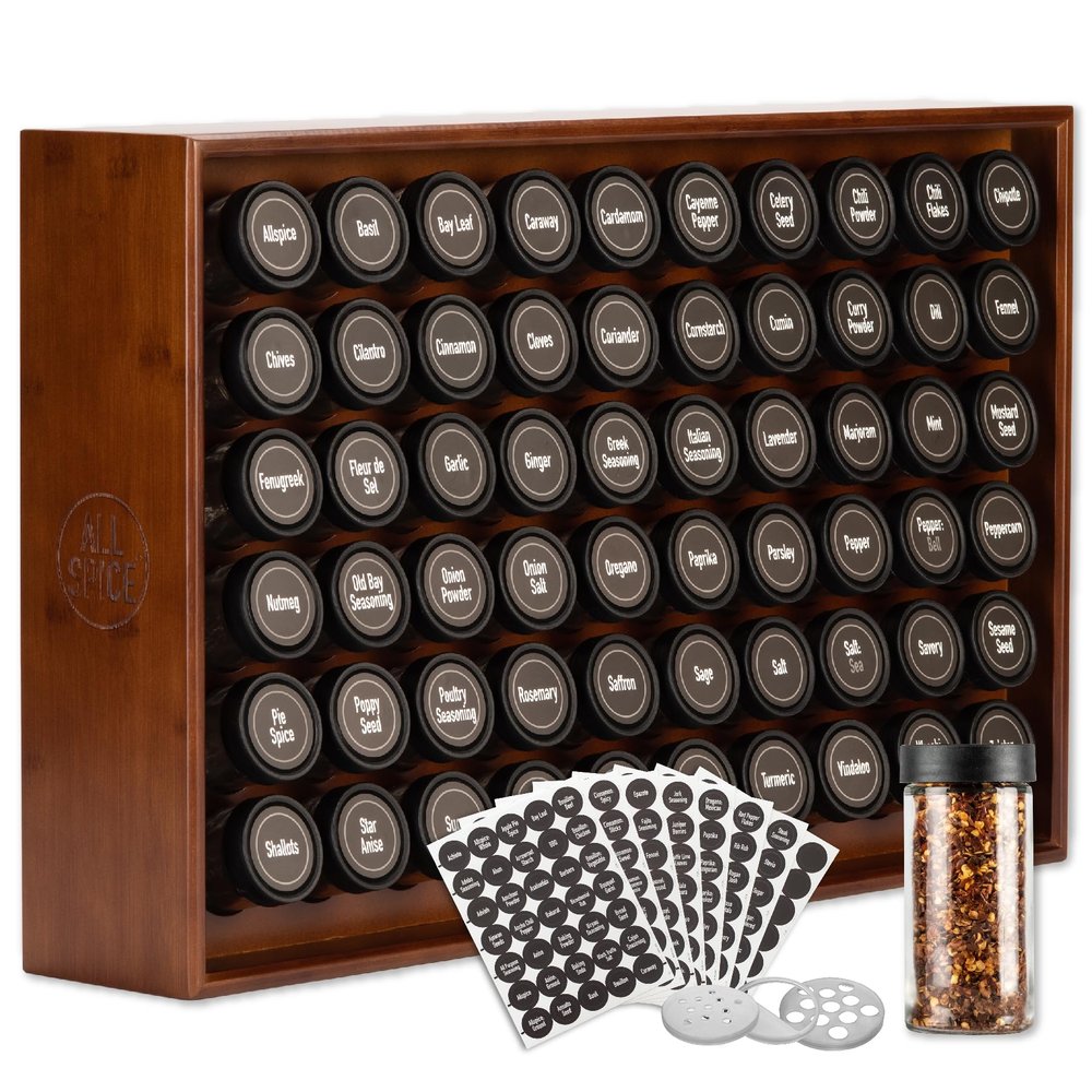 AllSpice Spice Rack Organizer, Wood, 525 Unique Labels, Countertop or Wall Mount, Includes 60 4oz Jars- Walnut Stain