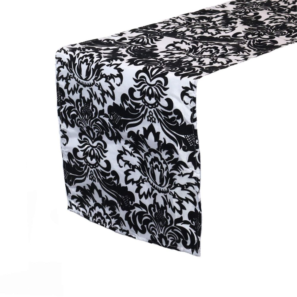 YOUR CHAIR COVERS - 12 x 108 inch Damask Table Runner - White and Black Flocking Damask Table Runners for Weddings