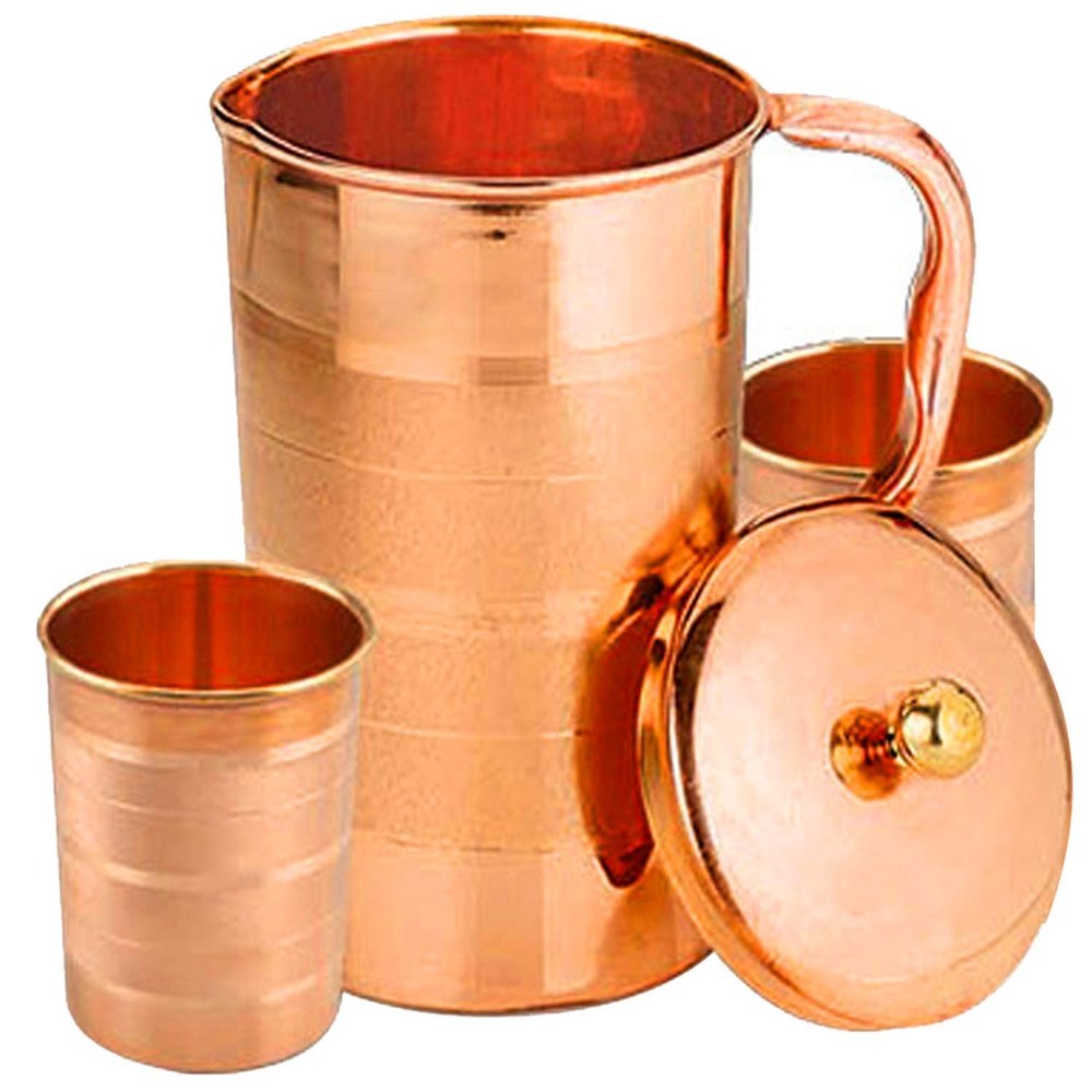 Rastogi Handicrafts Set of 2 Water Glasses and a Jug with lid, Pure Copper Drink ware Accessories Ayurveda Healing, Capacity 1.6 Litre