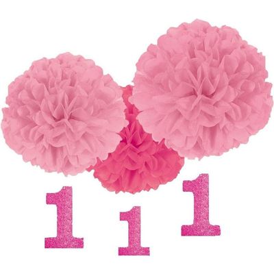 Amscan 1st Birthday Fluffy Decorations w/Danglers - Pink (180028)