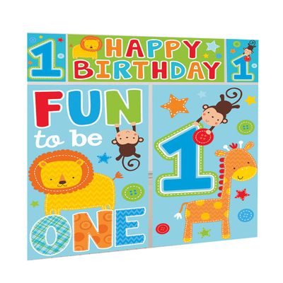 Amscan One Wild Boy 1st Birthday Scene Setters Wall Decorating Kit, 59" x 65", Blue/Green