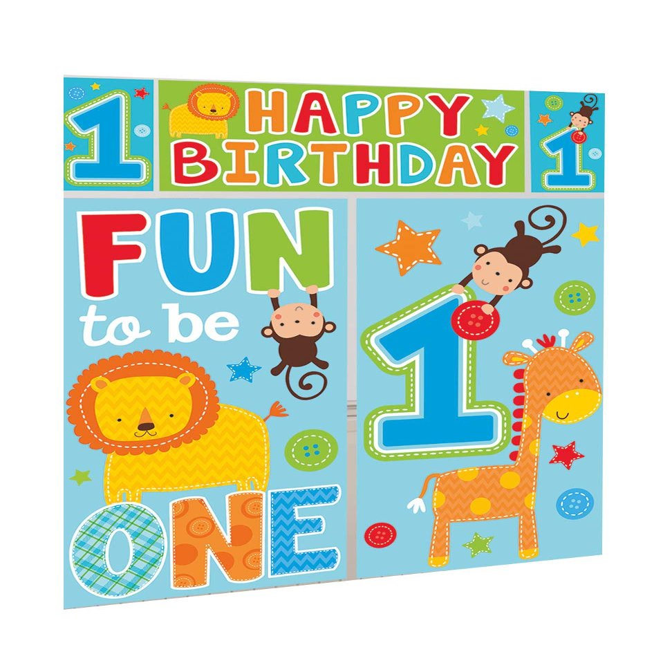 Amscan One Wild Boy 1st Birthday Scene Setters Wall Decorating Kit, 59" x 65", Blue/Green