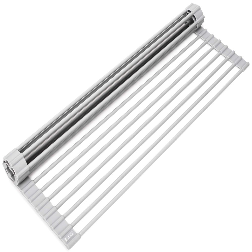 Surpahs 20.5 x 13.1 Inch Roll-Up Dish Drying Rack, Fits Across Sink Openings up to 19.5 Inches, Heavy-Duty Premium Silicone, Strong Support, Non-Slip, Heat-Resistant, Warm Gray