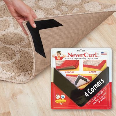 NeverCurl 4-Pack V Shape Rug Corner Grippers - Rug Gripper for Hardwood Floors and Outdoor Surfaces - Stops Curling Corners - Safe Carpet Tape Alternative - Works on Rug Corners Indoors