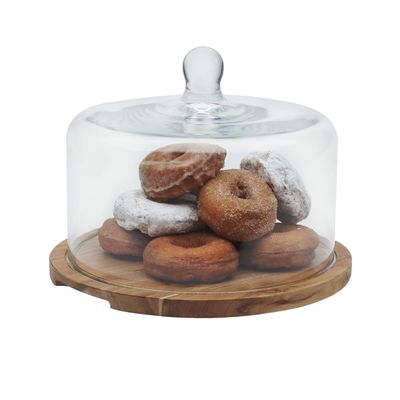 Libbey Acaciawood Flat Round Wood Server with Glass Dome