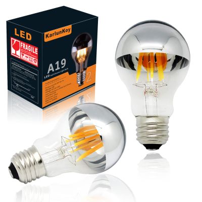 KarlunKoy Half Chrome Light Bulb Dimmable 6W (60W Equivalent) A19 A Shape Decorative LED Edison Bulb Silver Mirror Reflected Light 2700K Warm White E26 Base Pack of 2